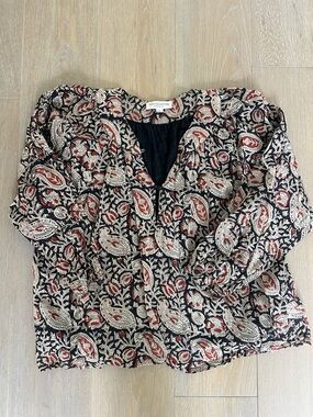 Emerson Fry Black Paisley Print V-Neck Blouse with Red and Cream Accents